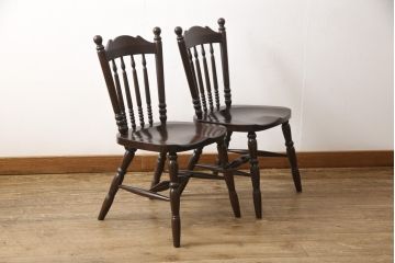 中古　松本民芸家具　16型スピンドルチェア　ゆったりと座れるダイニングチェア2脚セット(板座チェア、椅子)(R-051092)