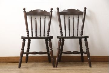 中古　松本民芸家具　16型スピンドルチェア　ゆったりと座れるダイニングチェア2脚セット(板座チェア、椅子)(R-051093)