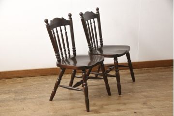 中古　松本民芸家具　16型スピンドルチェア　ゆったりと座れるダイニングチェア2脚セット(板座チェア、椅子)(R-051093)