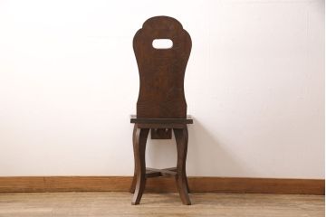 中古　伝統工芸　軽井沢彫り　大輪の牡丹の彫が目を惹くダイニングチェア(板座チェア、椅子)(R-051135)