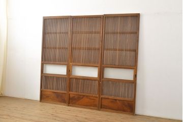 アンティーク建具　昭和初期　裏障子付き　上手物の幅狭万本格子戸3枚セット(引き戸、帯ガラス戸、障子戸)(R-051165)