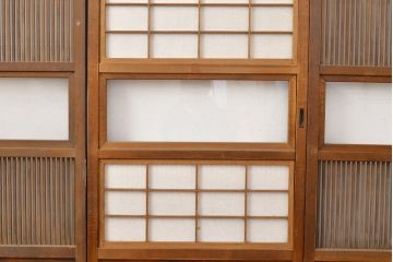 アンティーク建具　昭和初期　裏障子付き　上手物の幅狭万本格子戸3枚セット(引き戸、帯ガラス戸、障子戸)(R-051165)