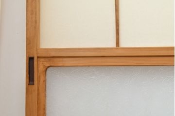 アンティーク建具　昭和中期　菊尽くしのレトロなガラスが魅力の障子戸4枚セット(雪見障子戸、建具、引き戸、擦り上げ障子戸、擦上障子戸)(R-051172)
