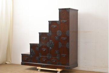 中古　美品　筑後民芸　美しい木目が高級感を演出する階段箪笥(和タンス、収納箪笥)(定価約26万円)(R-051198)