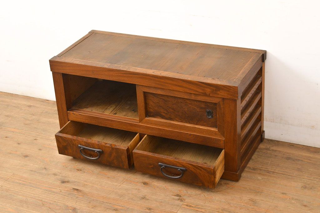 和製アンティーク　三方ケヤキ材　上手物!上質な和の空間づくりに活躍する美濃帳場箪笥(ローボード、時代箪笥、和タンス)(R-051200)
