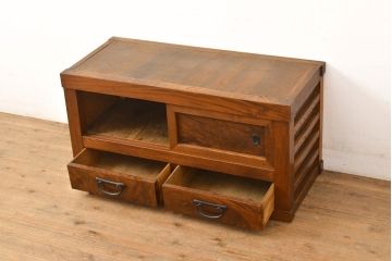 和製アンティーク　三方ケヤキ材　上手物!上質な和の空間づくりに活躍する美濃帳場箪笥(ローボード、時代箪笥、和タンス)(R-051200)