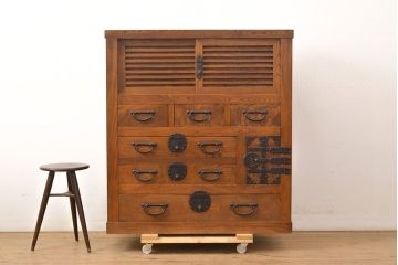 和製アンティーク　三方ケヤキ材　上手物!上質な和の空間づくりに活躍する美濃帳場箪笥(サイドボード、時代箪笥、和タンス)(R-051201)