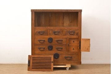 和製アンティーク　三方ケヤキ材　上手物!上質な和の空間づくりに活躍する美濃帳場箪笥(サイドボード、時代箪笥、和タンス)(R-051201)