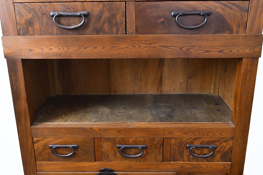 和製アンティーク　三方ケヤキ材　上手物!上質な和の空間づくりに活躍する美濃帳場箪笥(サイドボード、時代箪笥、和タンス)(R-051201)