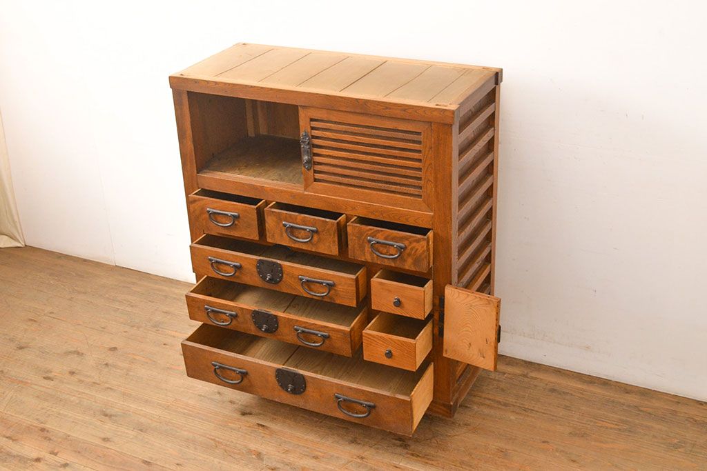 和製アンティーク　三方ケヤキ材　上手物!上質な和の空間づくりに活躍する美濃帳場箪笥(サイドボード、時代箪笥、和タンス)(R-051201)