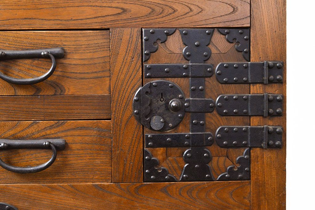 和製アンティーク　三方ケヤキ材　上手物!上質な和の空間づくりに活躍する美濃帳場箪笥(サイドボード、時代箪笥、和タンス)(R-051201)