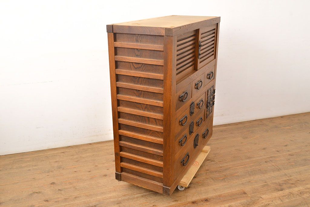 和製アンティーク　三方ケヤキ材　上手物!上質な和の空間づくりに活躍する美濃帳場箪笥(サイドボード、時代箪笥、和タンス)(R-051201)