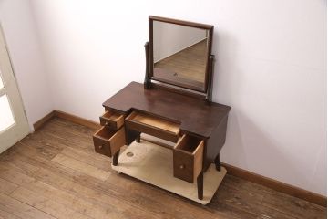 中古　美品　松本民芸家具　ラッシ座面が魅力!洗練された大人の空間を演出するドレッサー&スツールセット(鏡台、ミラー、椅子)(R-051209)