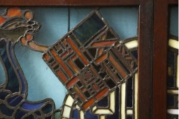 和製アンティーク　希少品!独特な意匠から貫録を感じさせるステンドグラス窓2枚セット(建具、引き戸、明り取り)(R-051223)
