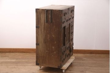 和製アンティーク　上手物!味わい深い木肌と黒い金具が貫録を感じさせる総桐帳場箪笥(時代箪笥、収納箪笥、引き出し)(R-051226)