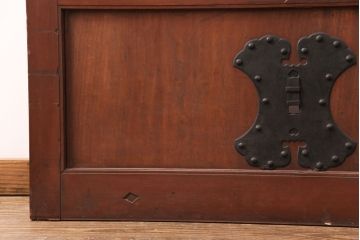 アンティーク建具　明治大正期　ヒノキ材　腰板ケヤキ材　亀甲金網付き　和の貫録を感じさせる格子蔵戸(きつね格子、狐格子、玄関戸、玄関ドア、引き戸、格子戸、マス目、升目)(R-051230)