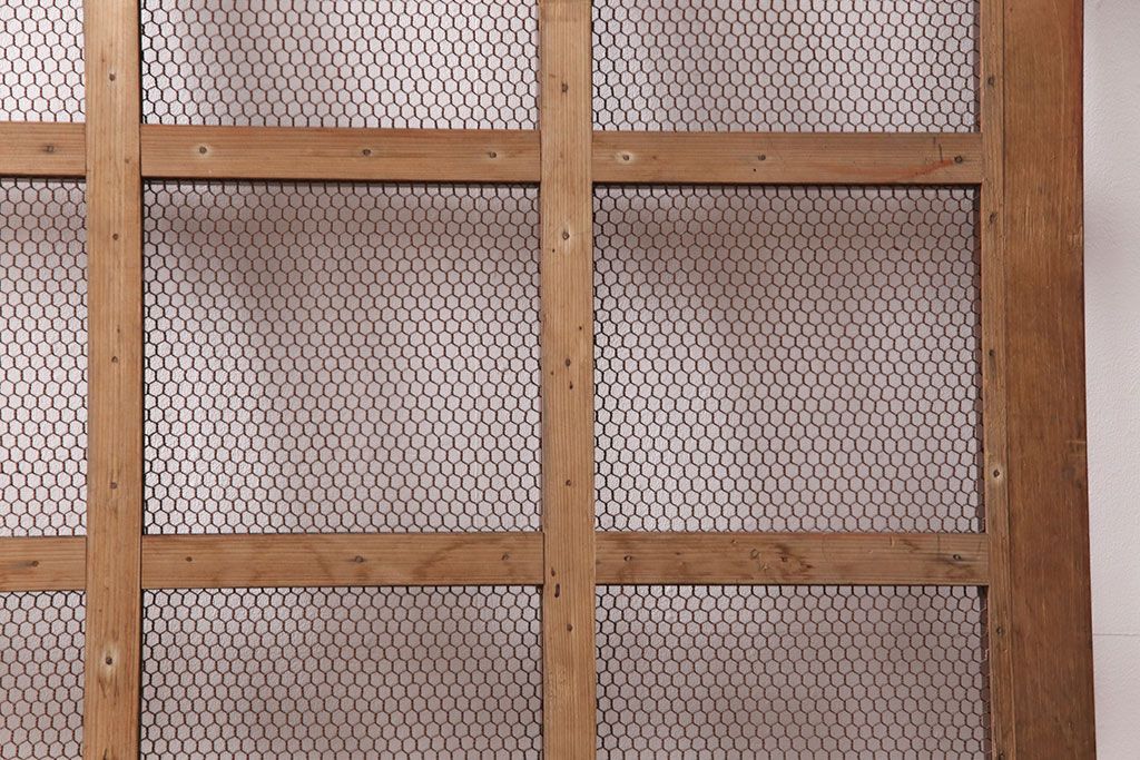アンティーク建具　明治大正期　ヒノキ材　腰板ケヤキ材　亀甲金網付き　和の貫録を感じさせる格子蔵戸(きつね格子、狐格子、玄関戸、玄関ドア、引き戸、格子戸、マス目、升目)(R-051230)