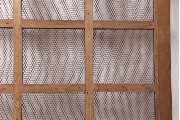 アンティーク建具　明治大正期　ヒノキ材　腰板ケヤキ材　亀甲金網付き　和の貫録を感じさせる格子蔵戸(きつね格子、狐格子、玄関戸、玄関ドア、引き戸、格子戸、マス目、升目)(R-051230)