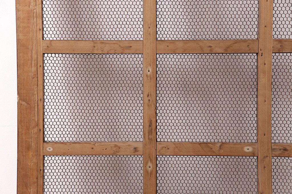 アンティーク建具　明治大正期　ヒノキ材　腰板ケヤキ材　亀甲金網付き　和の貫録を感じさせる格子蔵戸(きつね格子、狐格子、玄関戸、玄関ドア、引き戸、格子戸、マス目、升目)(R-051230)