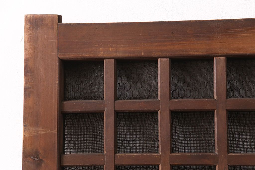アンティーク建具　明治大正期　ヒノキ材　腰板ケヤキ材　亀甲金網付き　木の温もりを感じられる格子蔵戸(玄関戸、玄関ドア、引き戸)(R-051232)