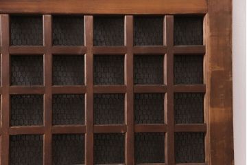アンティーク建具　明治大正期　ヒノキ材　腰板ケヤキ材　亀甲金網付き　木の温もりを感じられる格子蔵戸(玄関戸、玄関ドア、引き戸)(R-051232)