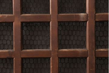 アンティーク建具　明治大正期　ヒノキ材　腰板ケヤキ材　亀甲金網付き　木の温もりを感じられる格子蔵戸(玄関戸、玄関ドア、引き戸)(R-051232)