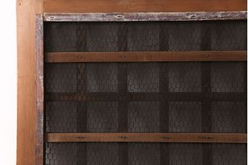 アンティーク建具　明治大正期　ヒノキ材　腰板ケヤキ材　亀甲金網付き　木の温もりを感じられる格子蔵戸(玄関戸、玄関ドア、引き戸)(R-051232)