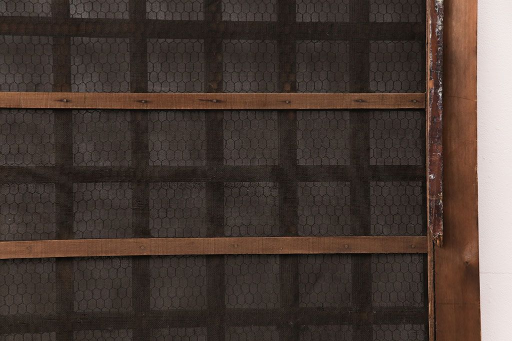アンティーク建具　明治大正期　ヒノキ材　腰板ケヤキ材　亀甲金網付き　木の温もりを感じられる格子蔵戸(玄関戸、玄関ドア、引き戸)(R-051232)