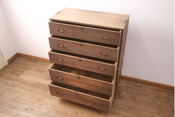 アンティーク家具　昭和初期　総桐材　渋り色合いとすっきりした佇まいが魅力の二段重ねチェスト(サイドチェスト、引き出し、桐箪笥、桐たんす)(R-051245)