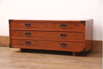 中古　美品　工芸家具　曙(あけぼの)塗り　漆の朱色が机上のアクセントになる小引き出し(根来塗り、卓上収納、小物収納)(R-051247)
