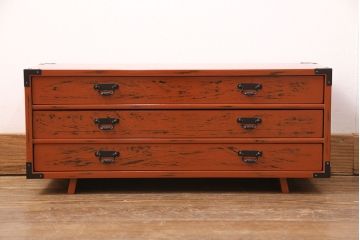 中古　美品　工芸家具　曙(あけぼの)塗り　漆の朱色が机上のアクセントになる小引き出し(根来塗り、卓上収納、小物収納)(R-051247)