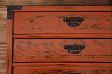中古　美品　工芸家具　曙(あけぼの)塗り　漆の朱色が机上のアクセントになる小引き出し(根来塗り、卓上収納、小物収納)(R-051247)