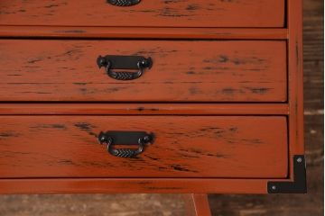 中古　美品　工芸家具　曙(あけぼの)塗り　漆の朱色が机上のアクセントになる小引き出し(根来塗り、卓上収納、小物収納)(R-051247)