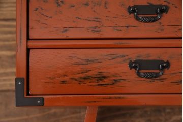 中古　美品　工芸家具　曙(あけぼの)塗り　漆の朱色が机上のアクセントになる小引き出し(根来塗り、卓上収納、小物収納)(R-051247)