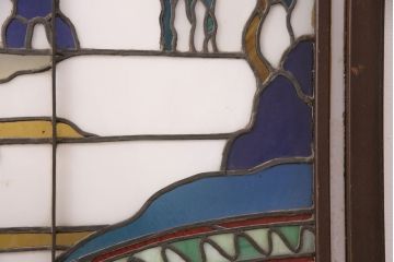 和製アンティーク　希少品!一枚の絵画のようなデザインが魅力的なステンドグラス窓2枚セット(建具、引き戸、明り取り)(R-051253)