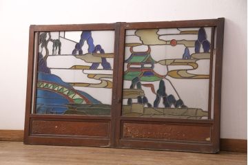 和製アンティーク　希少品!一枚の絵画のようなデザインが魅力的なステンドグラス窓2枚セット(建具、引き戸、明り取り)(R-051253)