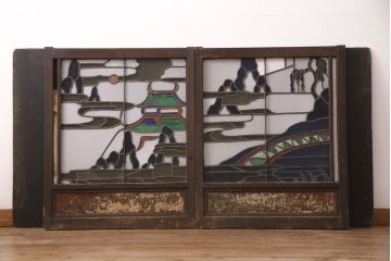 和製アンティーク　希少品!一枚の絵画のようなデザインが魅力的なステンドグラス窓2枚セット(建具、引き戸、明り取り)(R-051253)