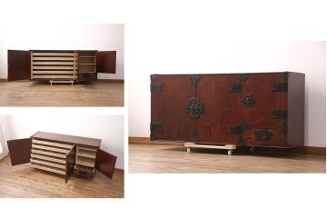 中古　民芸家具　岩谷堂箪笥　天板・脚(台輪)付きリメイク　和の趣あふれる現代のお部屋にぴったりの衣装盆付きサイドボード(ローボード、着物箪笥、収納棚、テレビ台)(R-051255)