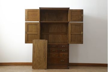 和製アンティーク　山葉(ヤマハ)家具風　ナラ材製のスタッキングキャビネット(収納棚、戸棚引き出し、チェスト)(R-051277)