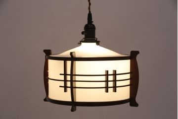 アンティーク照明　和の趣を高める木製フレームが素敵なペンダントライト(天井照明、吊り下げ照明)(R-051312)