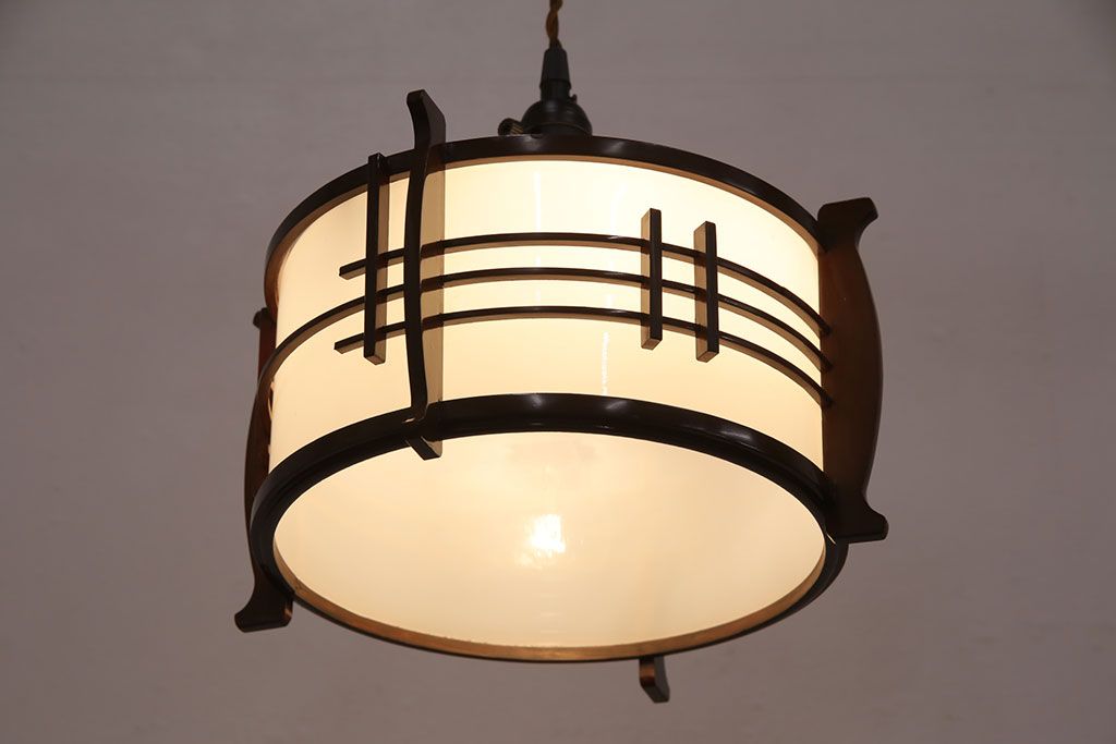 アンティーク照明　和の趣を高める木製フレームが素敵なペンダントライト(天井照明、吊り下げ照明)(R-051312)