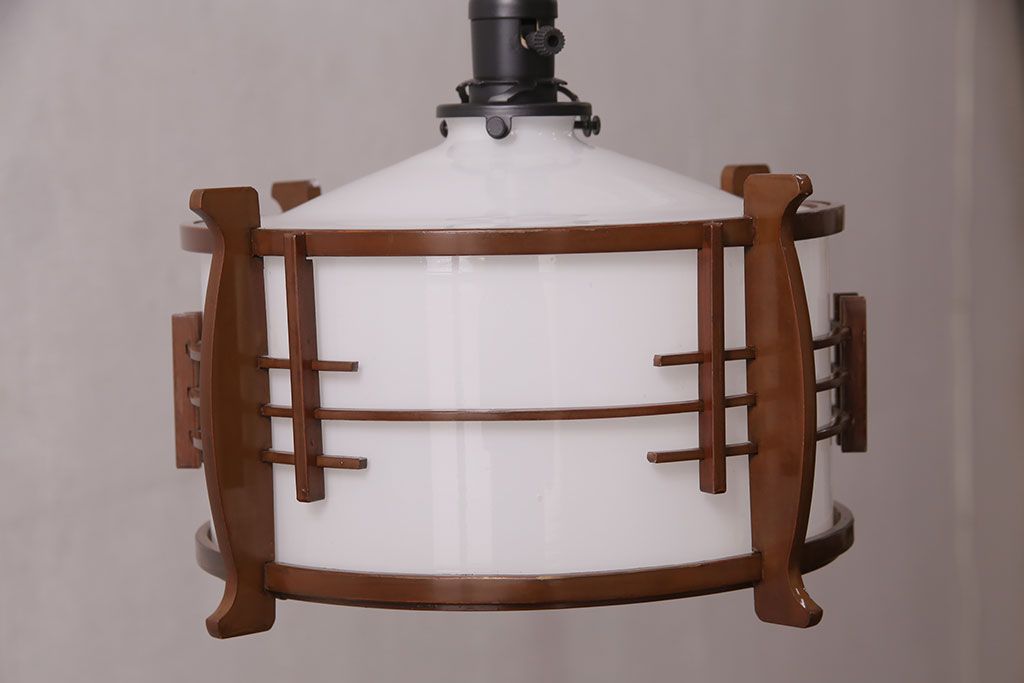 アンティーク照明　和の趣を高める木製フレームが素敵なペンダントライト(天井照明、吊り下げ照明)(R-051312)