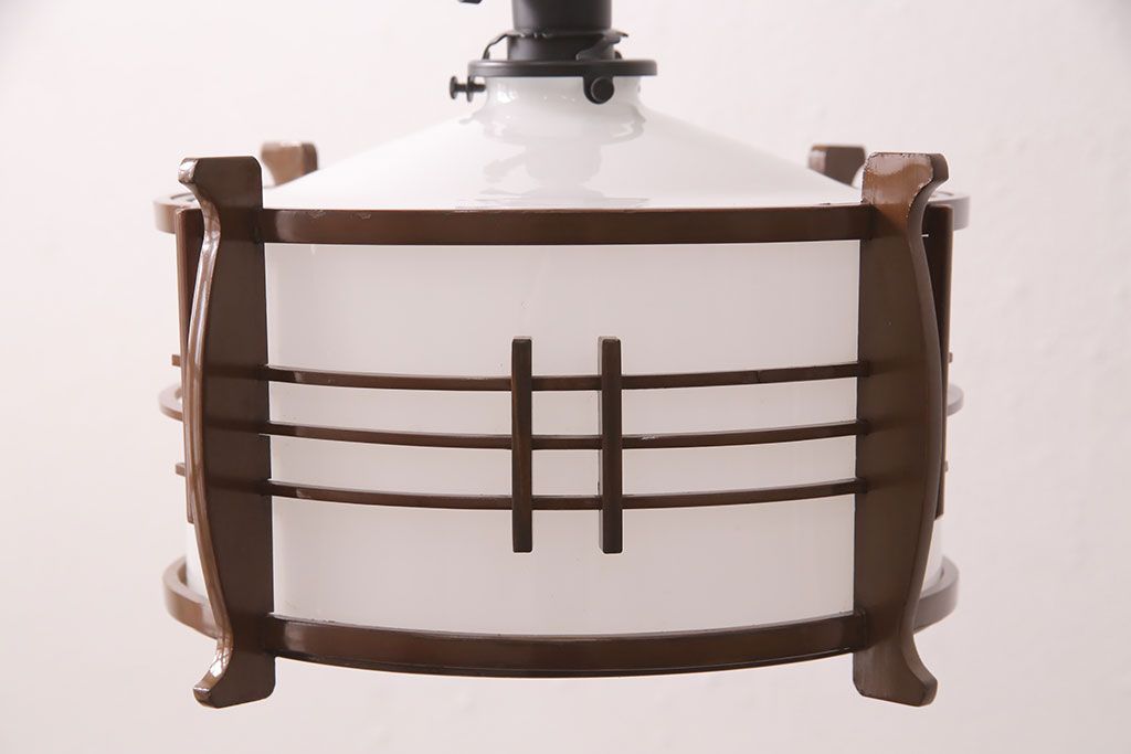 アンティーク照明　和の趣を高める木製フレームが素敵なペンダントライト(天井照明、吊り下げ照明)(R-051312)