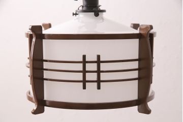 アンティーク照明　和の趣を高める木製フレームが素敵なペンダントライト(天井照明、吊り下げ照明)(R-051312)