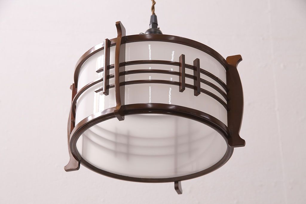 アンティーク照明　和の趣を高める木製フレームが素敵なペンダントライト(天井照明、吊り下げ照明)(R-051312)