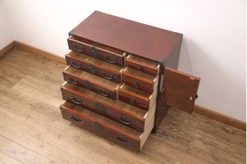 和製ヴィンテージ　手造り工芸家具　木地呂塗り　凝った意匠金具が目を惹く、漆塗りが美しい仙台箪笥(衣装箪笥、引き出し、和タンス、ビンテージ)(R-051359)