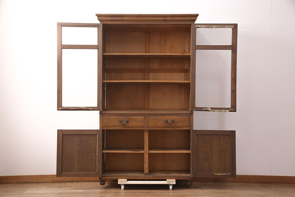 アンティーク家具　ナラ材　上手物!大正ロマン感じる重ねキャビネット(食器棚、収納棚、ブックケース、本箱、飾り棚、陳列棚)(R-051387)