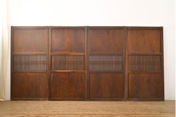 アンティーク建具　明治期　裏障子付き　総ケヤキ材　希少!時を経ても杢目が美しい上手物の格子帯戸4枚セット(板戸、帯戸、引き戸)(R-051415)