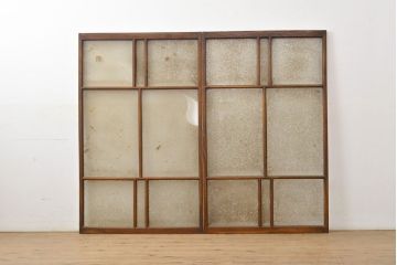 アンティーク建具　総ケヤキ材　希少!結霜ガラスがおしゃれな小振りのガラス戸2枚セット(窓、引き戸)(R-051425)