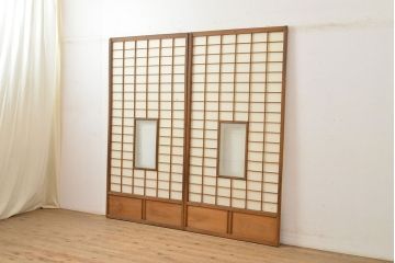 和製アンティーク　季節の移ろいが楽しめる額入り障子戸2枚セット(引き戸、建具)(R-051436)